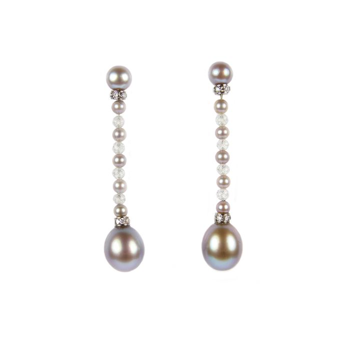 Pair of coloured pearl and diamond bead pendant earrings, each hung with an ovoid grey pearl | MasterArt